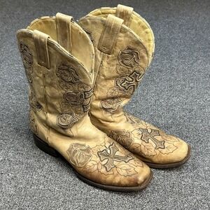 Women's Corral Boots R2375 Antique Saddle Tan Cross Roses Square Toe Western 10M